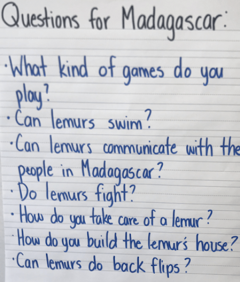 A handwritten list of questions titled "Questions for Madagascar:" "What kind of games do you play?" "Can lemurs swim?" "Can lemurs communicate with the people in Madagascar?" "Do lemurs fight?" "How do you take care of a lemur?" "How do you build the lemurs house?" "Can lemurs do backflips?"