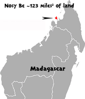 A map pointing to a small island on the coast of Madagascar, labeled "Nosy Be ~123 miles(2) of land"