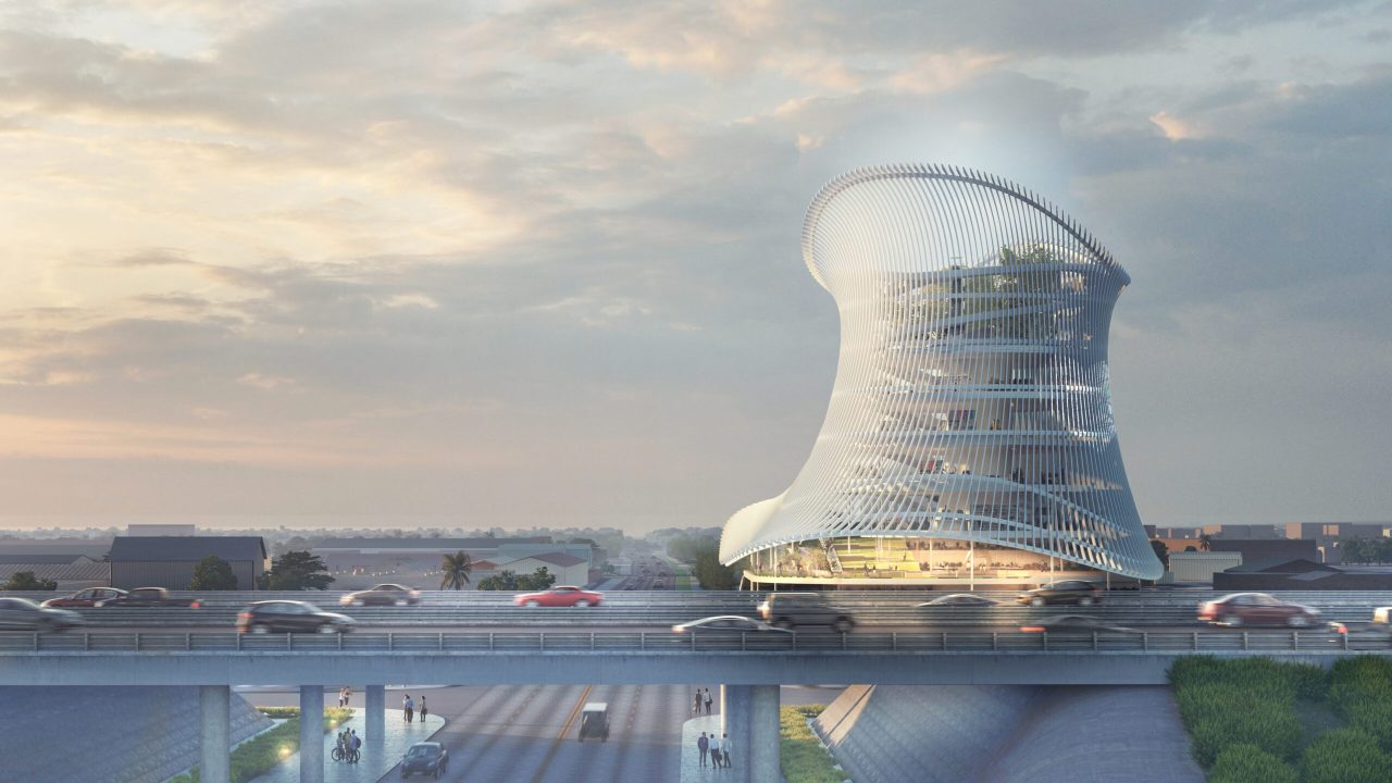 Rendering of a spherical building seen from across a highway