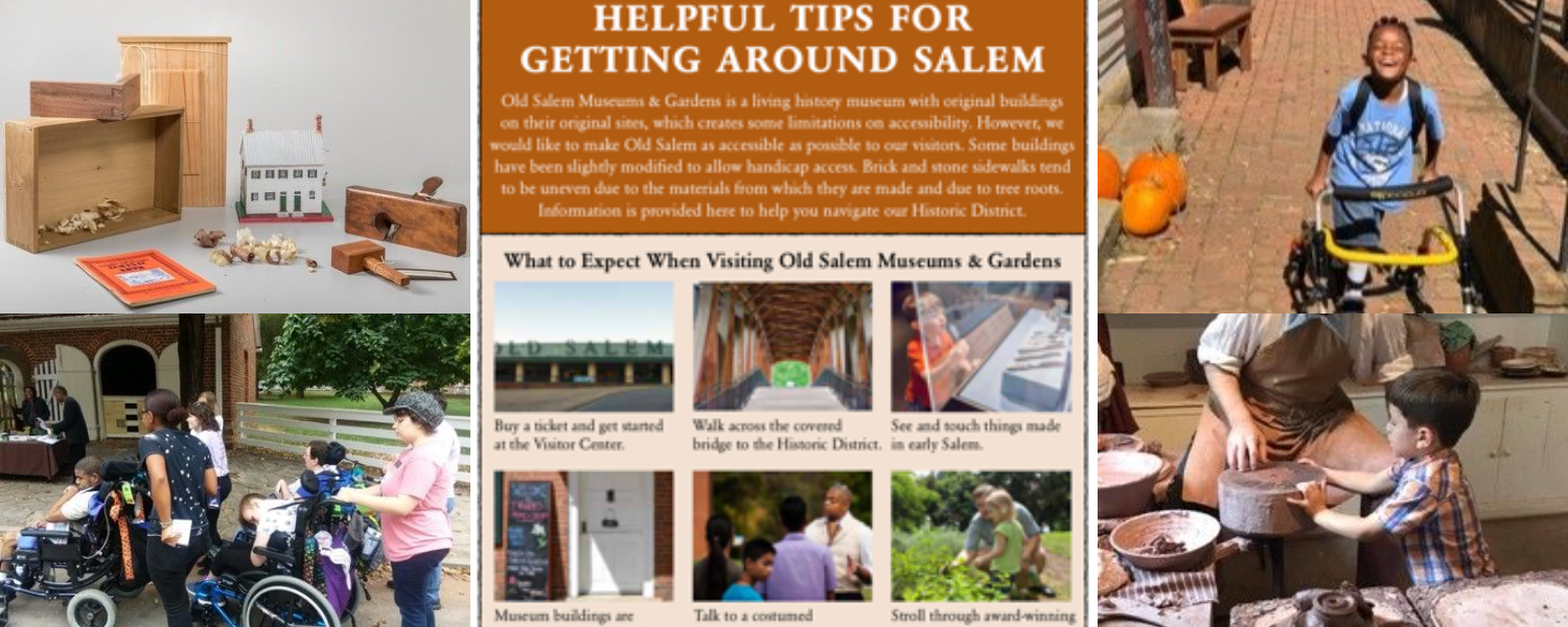A gallery of images showing access-related initiatives at the museum, including a sign reading "Helpful Tips for Getting Around Salem," a tactile model, and visitors using mobility equipment.