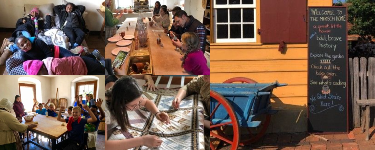 A gallery of images showing children participating in hands-on activities inside the museum's historic buildings