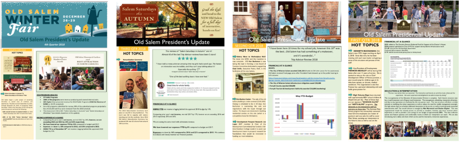 Screenshots of seasonal "president's updates" on the financial picture at the museum