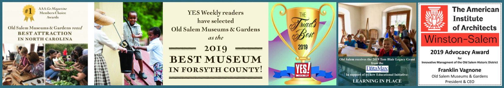 Graphics announcing awards from media and organizations recognizing the museum as one of the best attractions in the area