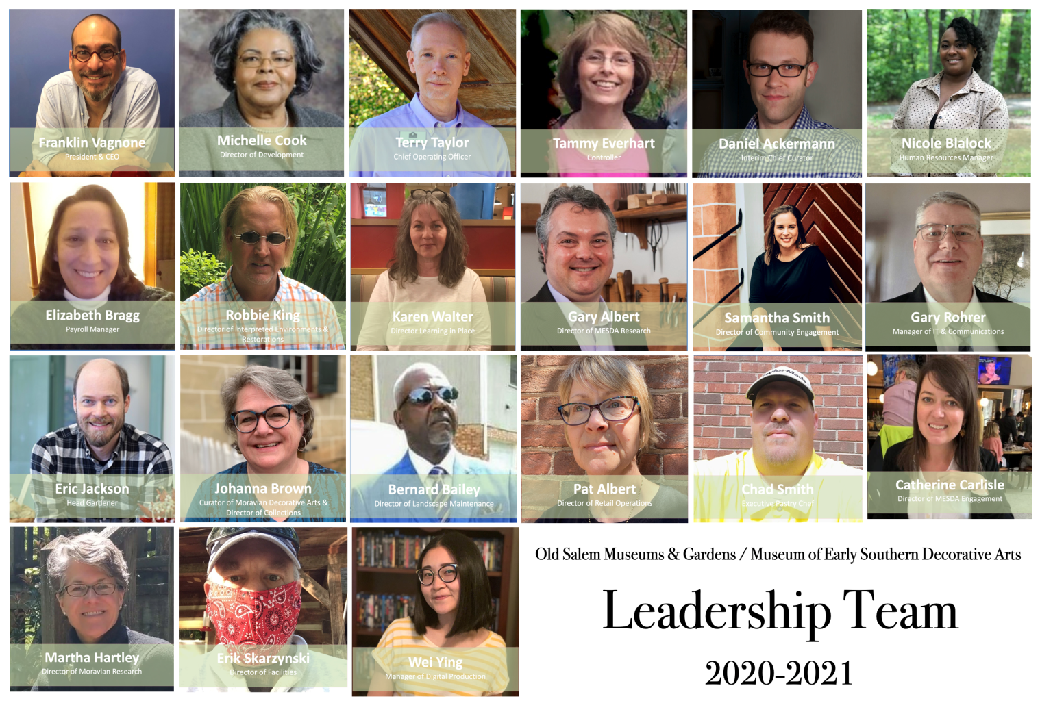 A grid of photos showing the twenty-one members of the leadership, a diverse group of people from every division of the organization