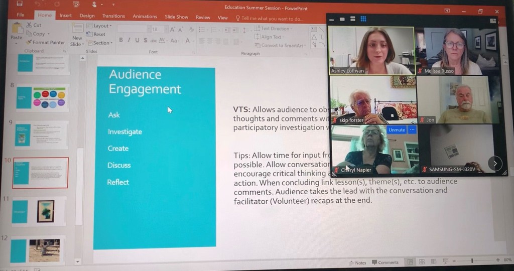 A Zoom grid overlaid on a PowerPoint presentation on audience engagement