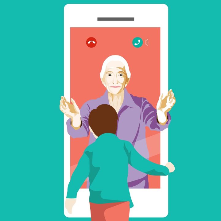 A graphic of an older woman "reaching out" through a phone screen to a child