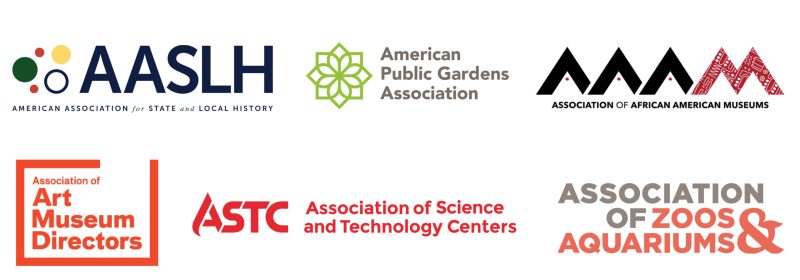 Logos: American Association for State and Local History (AASLH), American Public Gardens Association, Association of African American Museums (AAAM), Association of Art Museum Directors, Association of Science and Technology Centers (ASTC), and Association of Zoos & Aquariums