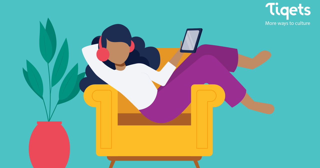 An illustration of a person lounging in an armchair looking at a device and wearing headphone