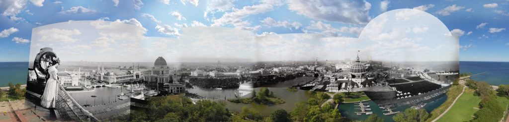 A panoramic photograph of a cityscape behind a lake, with black-and-white historical photographs superimposed on matching areas.
