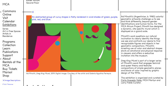 A screenshot of the MCA Chicago website with a picture of an abstract painting visible, and the alt text pop-up "An abstracted group of curvy shapes is flatly rendered in vivid shades of green, purple, pink, red, and blue" overlaid on it.