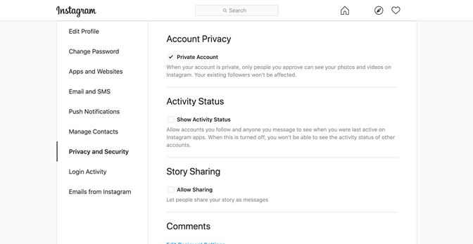 A screenshot of the Instagram settings page showing light grey text on a white background