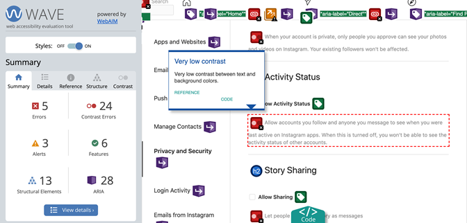 Screenshot of the WAVE extension running on the Instagram settings page pointing to the low contrast between the grey text and white background