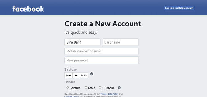 A screenshot of the "Create a New Account" page on Facebook, where the labels for form fields disappear when the user begins entering information