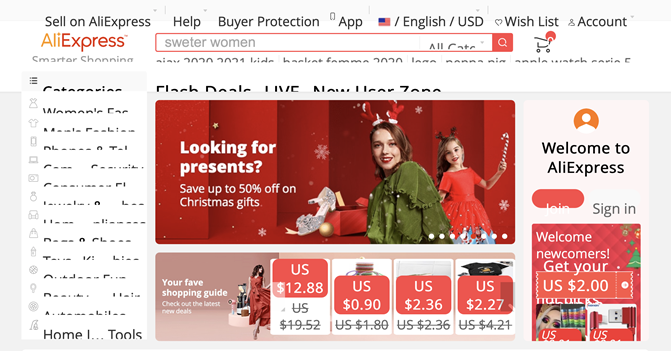 A screenshot of the AliExpress homepage where menus and objects are cut off because the page is zoomed-in