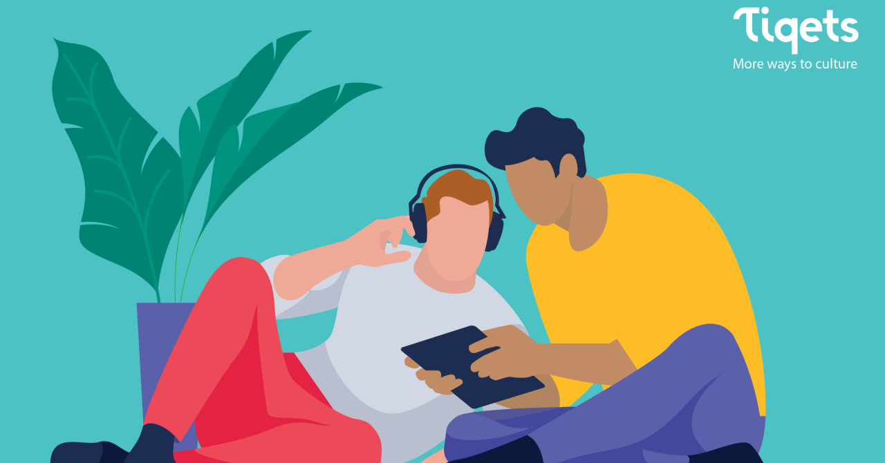A graphic of two people sitting on the floor and looking at a tablet