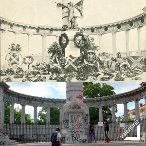 Top: Wreaths at Jefferson Davis Monument, early 20th century (1907 or after), Cook Collection, the Valentine. Bottom: Jefferson Davis Pedestal, 2020, the Valentine