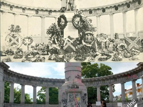 Top: Wreaths at Jefferson Davis Monument, early 20th century (1907 or after), Cook Collection, the Valentine. Bottom: Jefferson Davis Pedestal, 2020, the Valentine