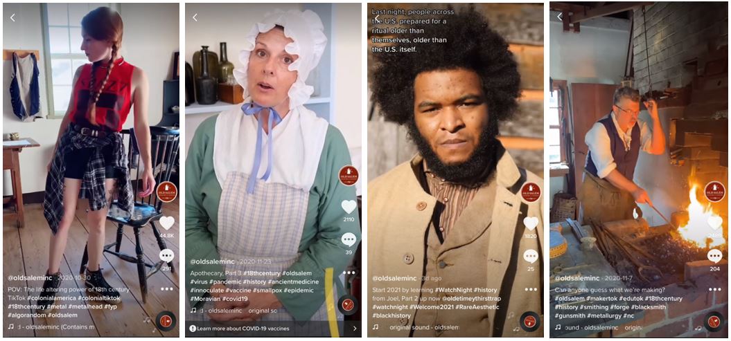 A grid of screenshots of Old Salem's TikTok account, showing educators, some costumed interpreters, speaking and demonstrating historical technologies