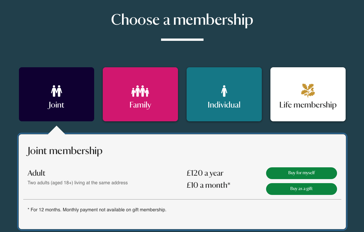 A membership purchase screen that shows two options: an annual rate of 120 British pounds per year, or a monthly rate of 10 pounds per month