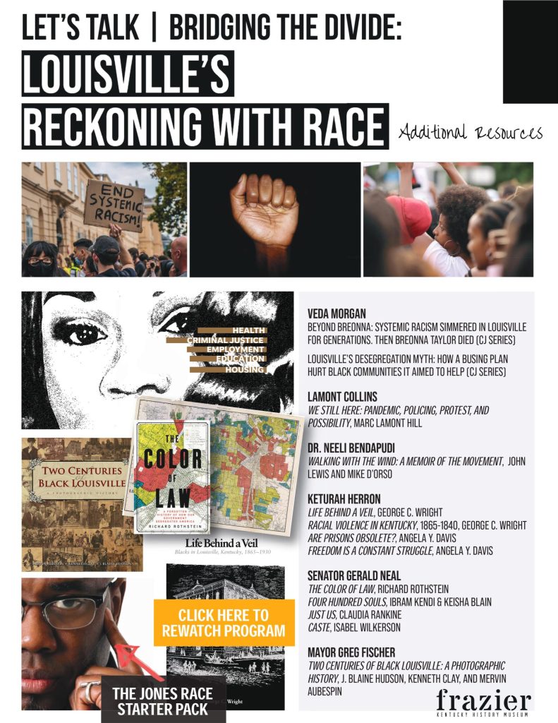A graphic reading "Louisville's Reckoning with Race: Additional Resources" with the names of books related to race relations in Kentucky and the country in general
