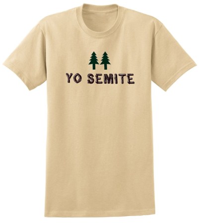 A pale yellow t-shirt with an illustration of two trees and the words "Yo Semite" written in a decorative font made up of log shapes