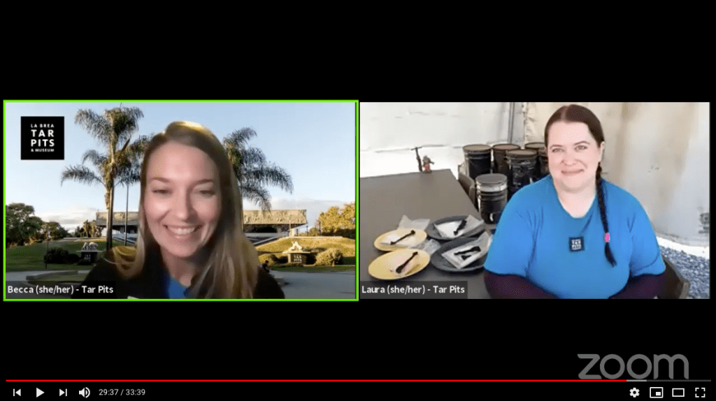 A YouTube screenshot of two presenters on Zoom, identified as Becca and Lara from the Tar Pits.