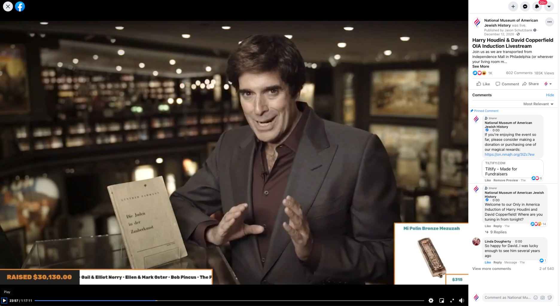 A screenshot of David Copperfield appearing at the fundraising gala via the museum's Facebook page
