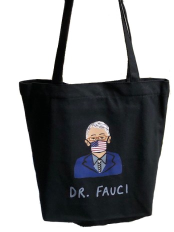 A black tote bag with an illustration of Dr. Fauci wearing an American-flag-printed face mask