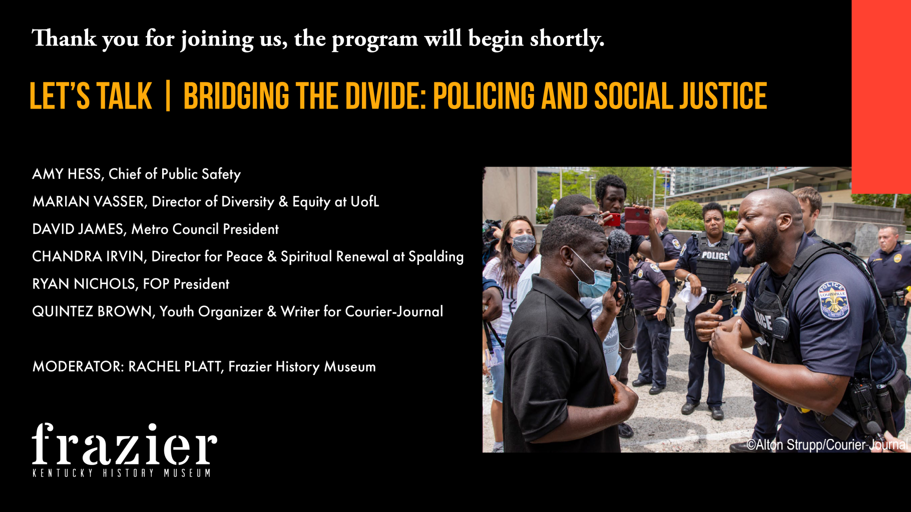 A flyer for the "Policing and Social Justice" event with a photo of an argument between police and a protester