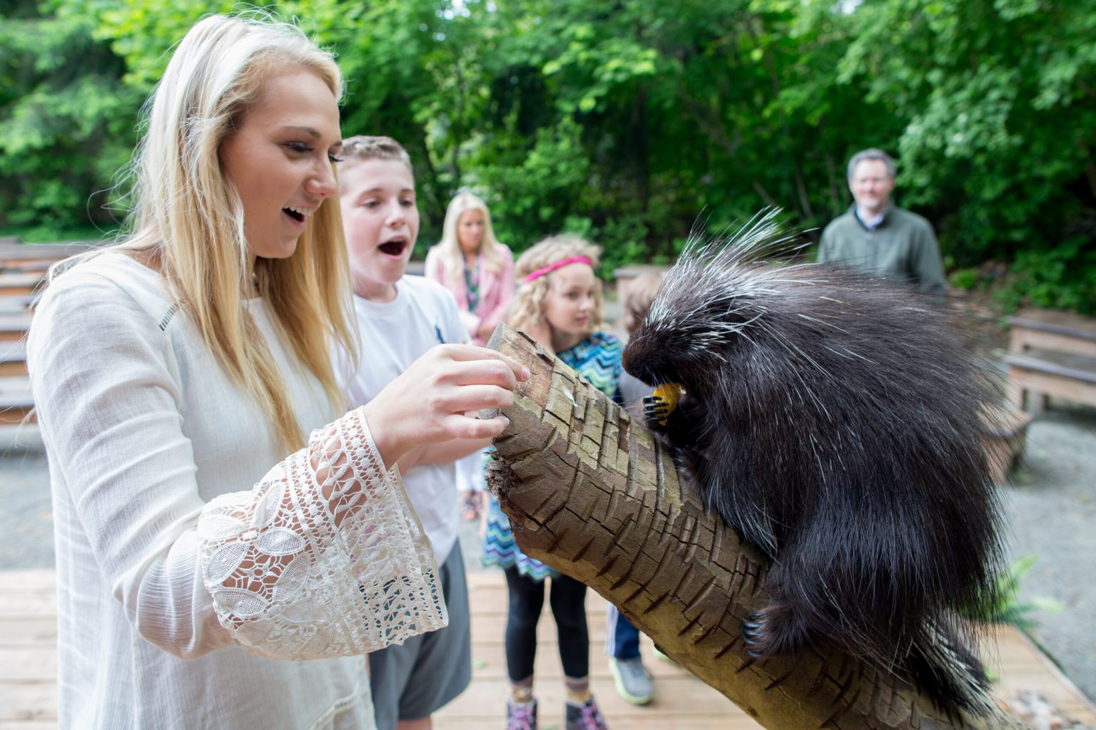 A group of visitors getting up to close to an animal in the zoo with astonished looks on their faces