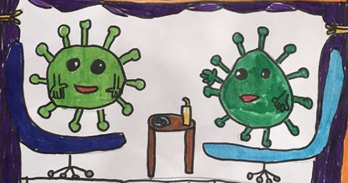A drawing of two smiling coronaviruses seated in chairs in front of a snack and drink table