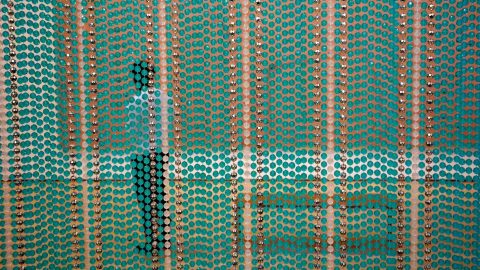 A visitor standing in a gallery looking at a painting seen through a colorful bead curtain