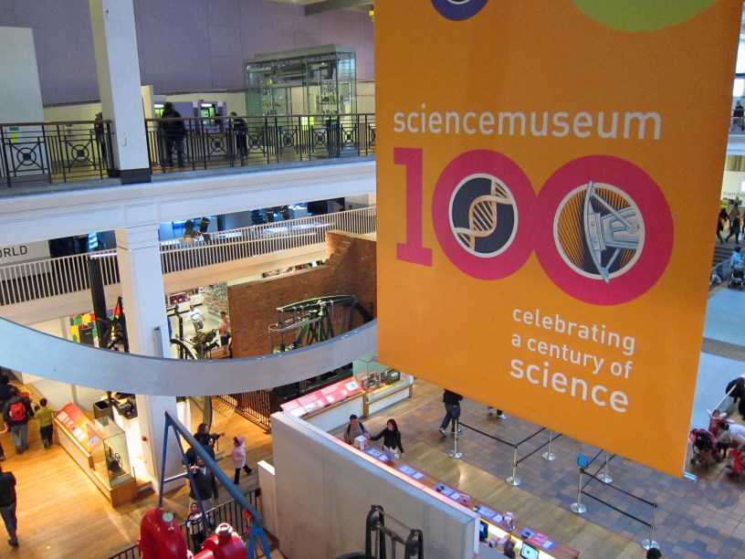 Musuem interior with a banner reading "Science Museum 100: celebrating a century of science"
