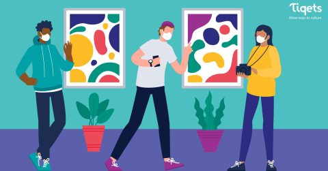 An illustration of three people wearing masks standing in a gallery with abstract paintings on the wall and plants on the floor