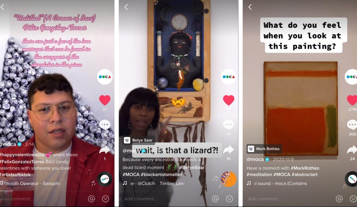 A composite of screenshots from TikToks on the MOCA account showing frontline staff posing in front of artworks with captions on screen