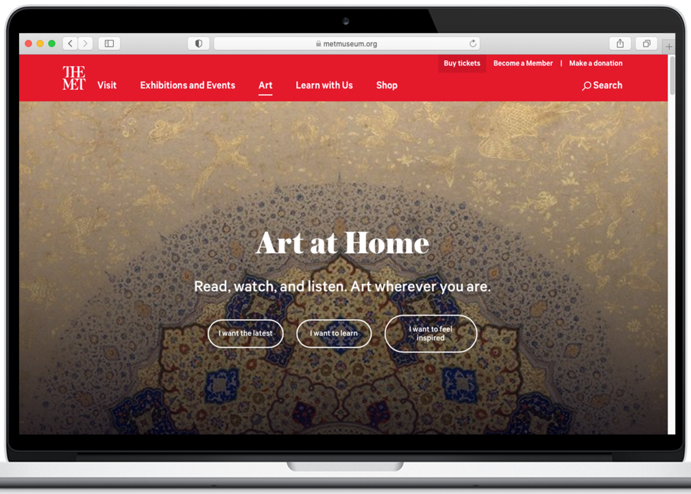 A rendering of a laptop open to a page on the Metropolitan Museum of Art website titled "Art at Home"