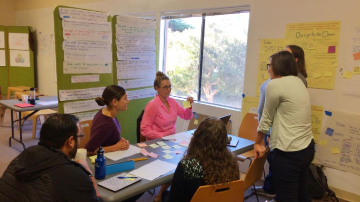 A group of staff people seated around a conference table surrounded by notes for a project in progress