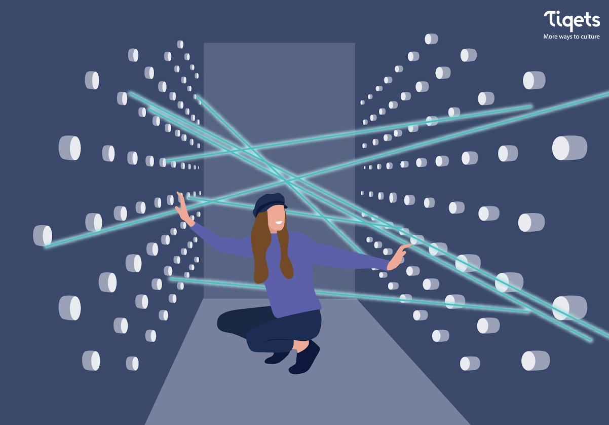 An illustration of a person inside of a room where lasers are pointing through holes in the walls