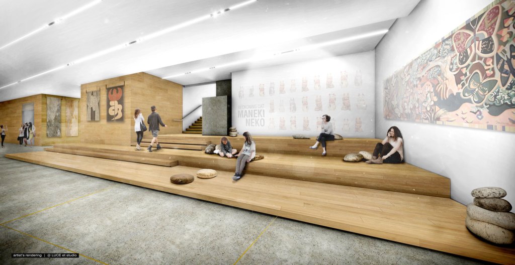 A rendering of a lobby-like space outside of an exhibition gallery with low wooden steps where people are portrayed lounging