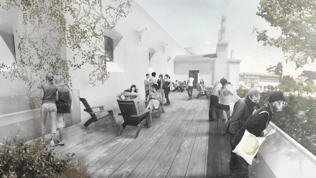 A rendering of people sitting and standing on an outdoor terrace