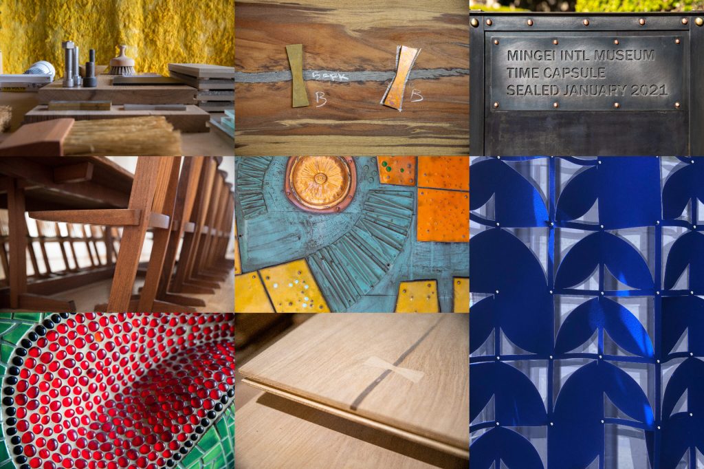  A collage of images showing small details found on surfaces and furniture inside the museum
