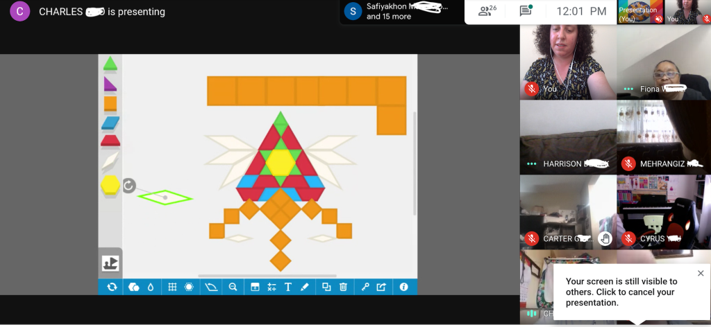 A video chat screenshot where students and educators are visible on camera and a student is screen-sharing a digital art project with colorful geometric shapes