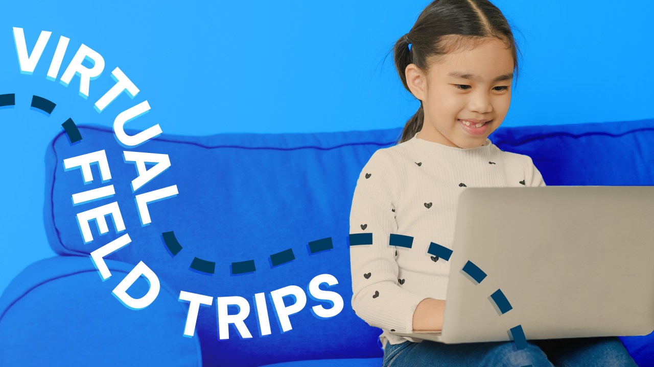A graphic of a child smiling and looking at a laptop with the text "Virtual Field Trips" written over the image