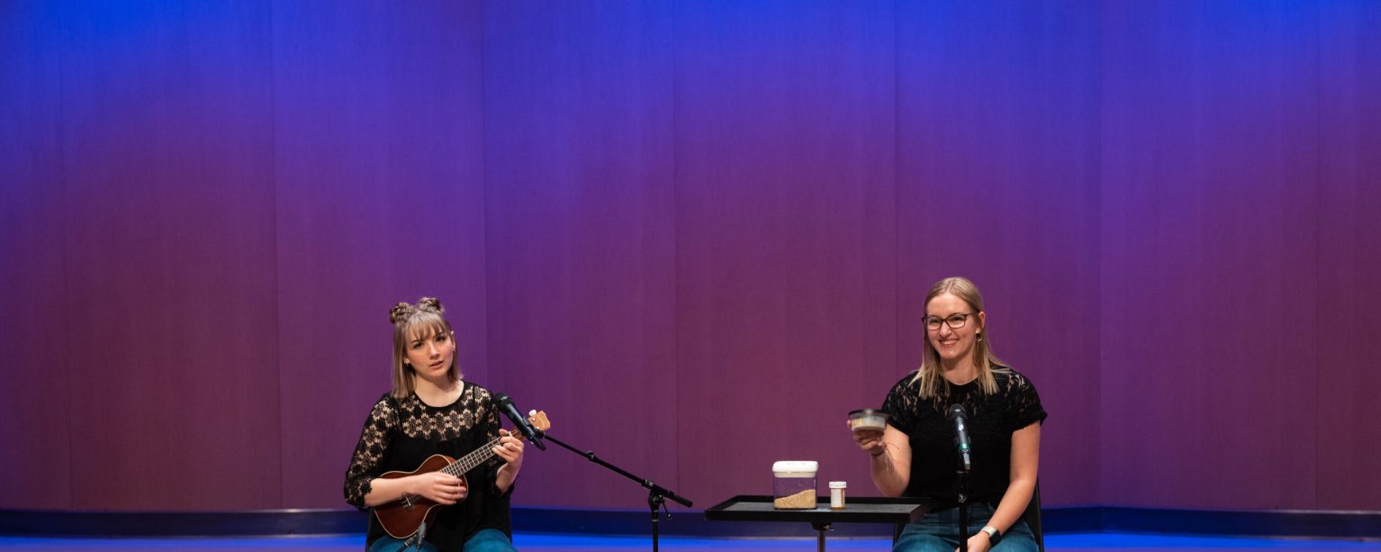 Two people on a stage with microphones playing instruments