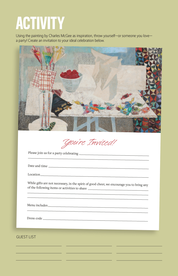 An activity sheet where visitors are invited to plan an imaginary celebration using a painting of a table spread as inspiration