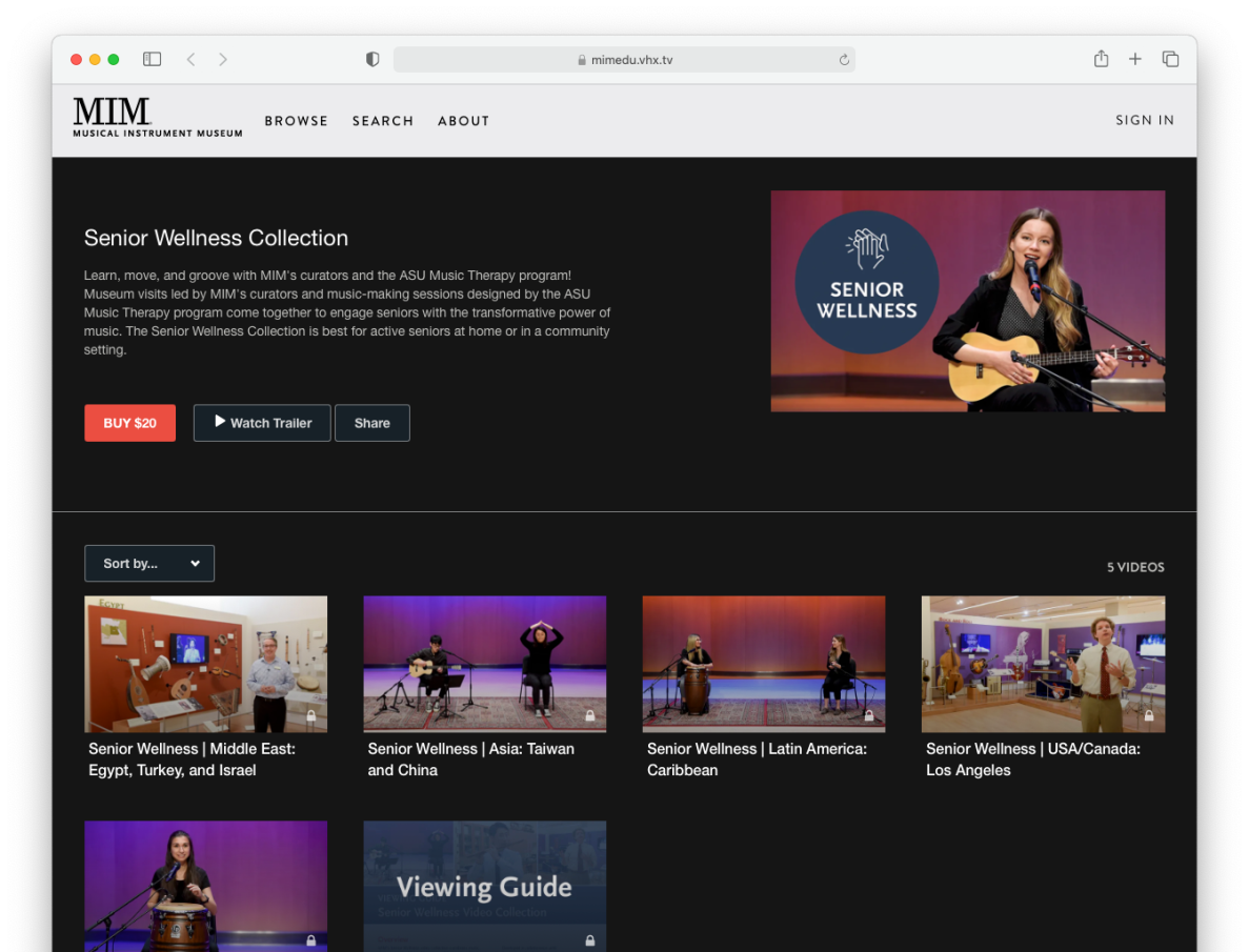 A screenshot of a streaming video collection labeled "Senior Wellness Collection" available for purchase for twenty dollars.