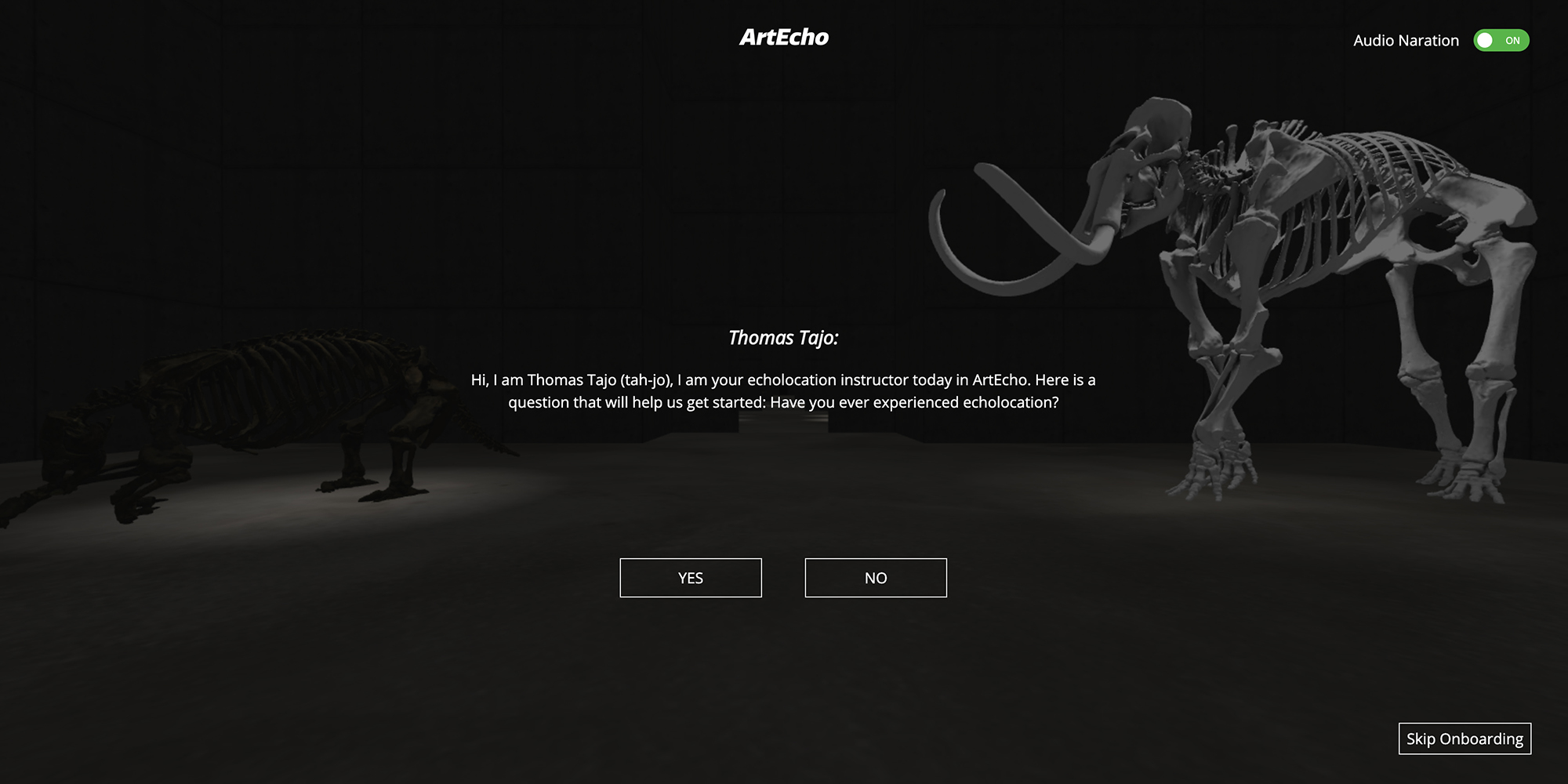 A virtual space with dinosaur skeletons on display, with text reading "Thomas Tajo: Hi, I am Thomas Tajo (tah-jo), I am your echolocation instructor today in ArtEcho. Here is a question that will help us get started: Have you ever experienced echolocation?