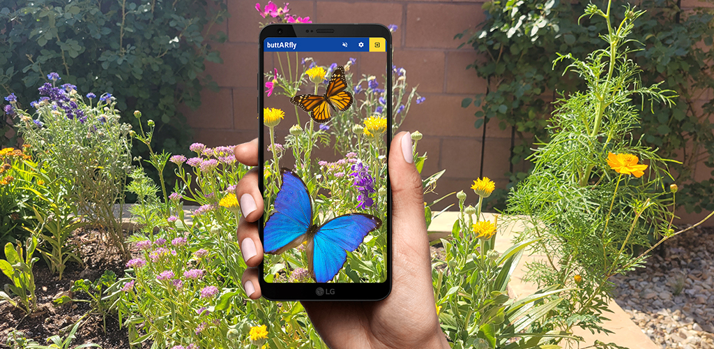 A rendering of a person standing in a garden holding a smartphone, which shows virtual butterflies superimposed over a camera view of the flowers.
