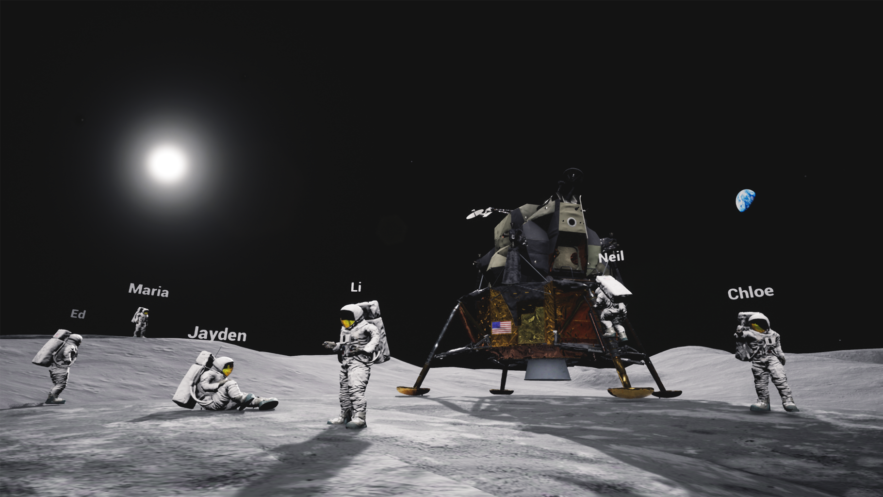 A virtual rendering of a team of astronauts and their spacecraft on the surface of the moon