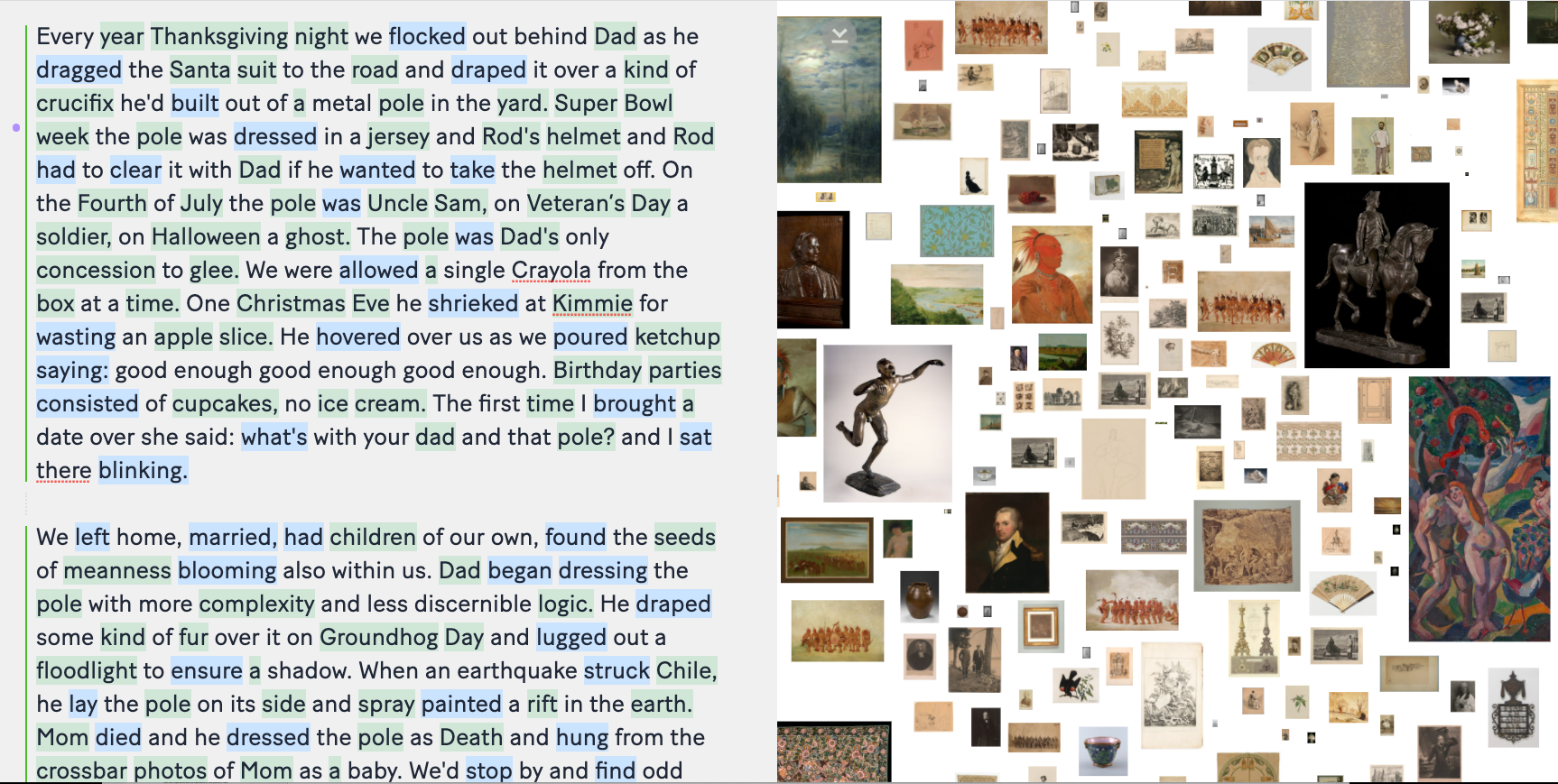 A two-panel website design with a typed story on the left panel where certain words are highlighted, with images of museum collections on the right pane related to the highlighted words